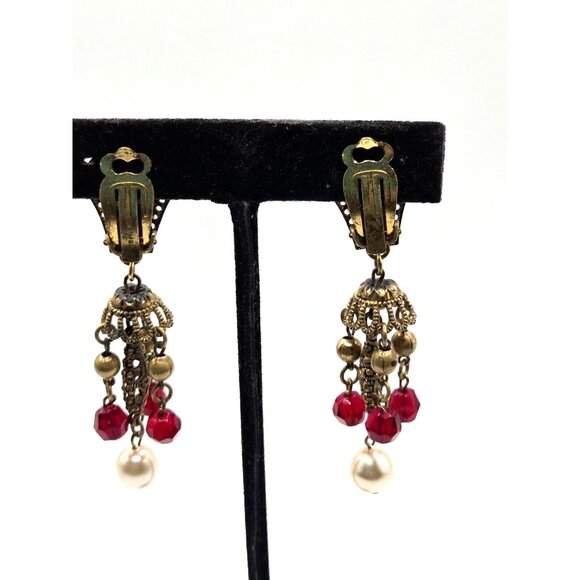 M. Haskell Attributed Unsigned Gold Filigree Dangle Clip Earrings 1940s 2.5 inch - Picture 2 of 7